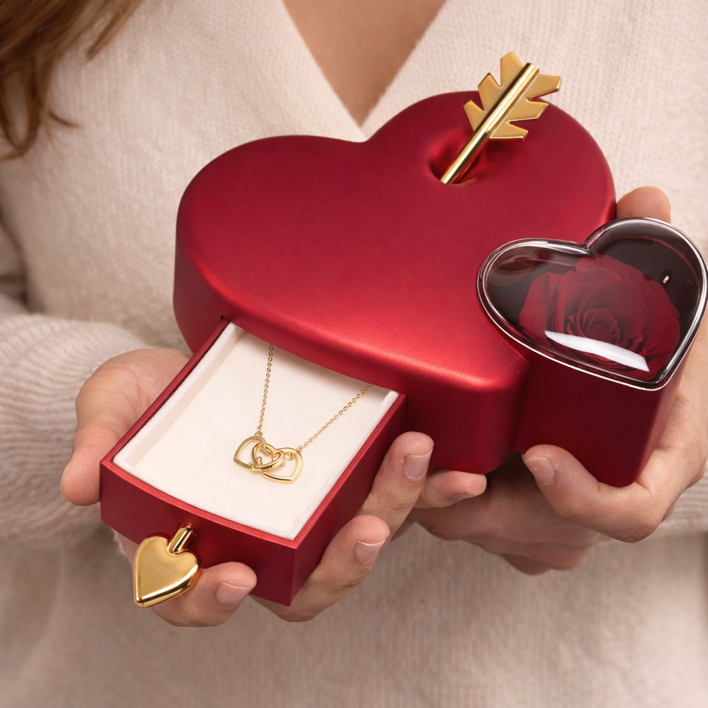 Coffret Cupidon Rose Éternelle - Avec Collier Gravé & Coeur