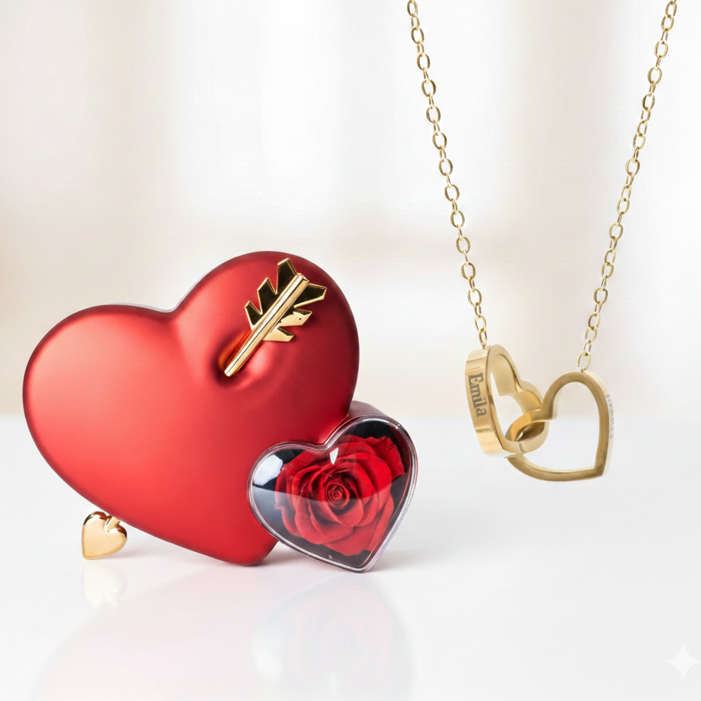 Coffret Cupidon Rose Éternelle - Avec Collier Gravé & Coeur