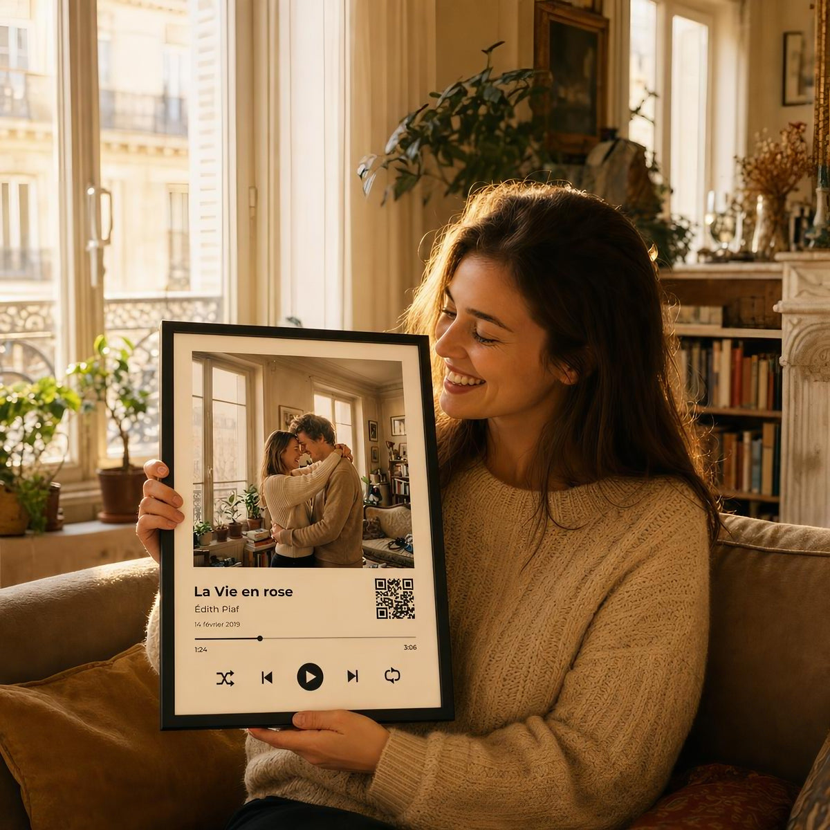 Affiche chanson personnalisée avec photo de couple et QR code, encadrée, tenue par une femme souriante dans un appartement parisien