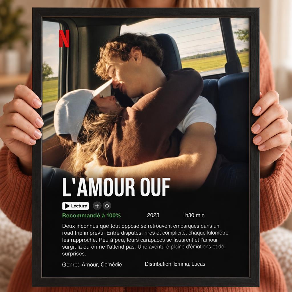 Affiche Netflix personnalisée encadrée avec photo de couple, titre et prénoms