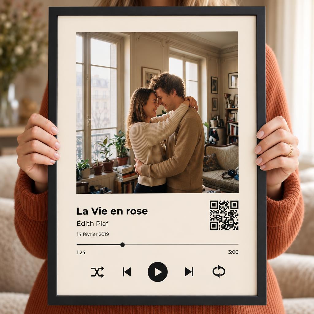 Affiche chanson personnalisée encadrée avec photo de couple et QR code façon lecteur de musique